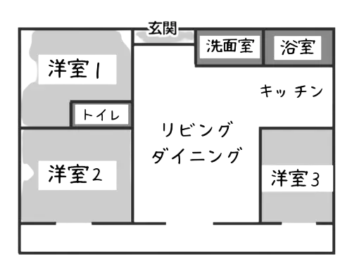 リビングを中心に各部屋が横並びに繋がるワイドスパン型の間取り図。