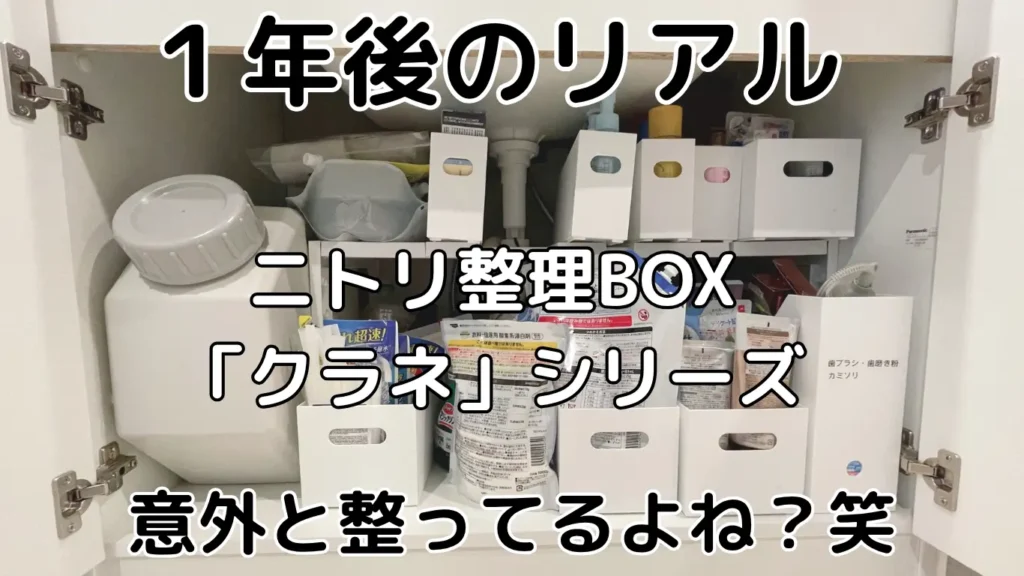 洗面台下の収納にニトリ「クラネ」シリーズの白い収納ボックスを使用して、日用品やストック品が整然と収められている様子