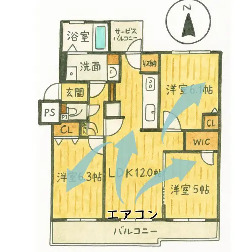 3LDK団地の間取り図。リビングに全室が直結するワイドスパン設計