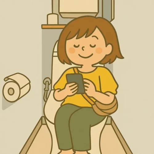 リノベ後の静かなトイレでスマホを楽しむズボティブママのイラスト