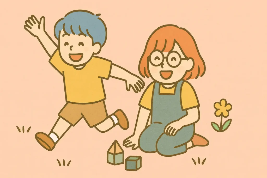 芝生の上で、ユルタレが元気いっぱい走り回り、ナデシコが笑顔で座って見守っているイラスト