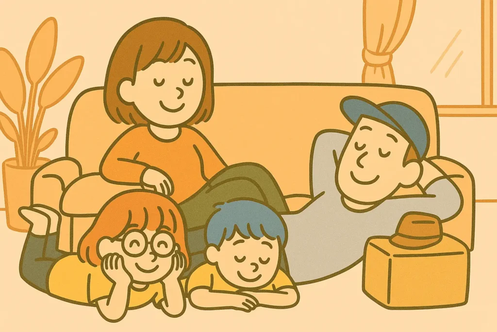 リビングでソファや床にくつろぎながら、ゆったり笑顔で過ごす家族4人の手書き風イラスト