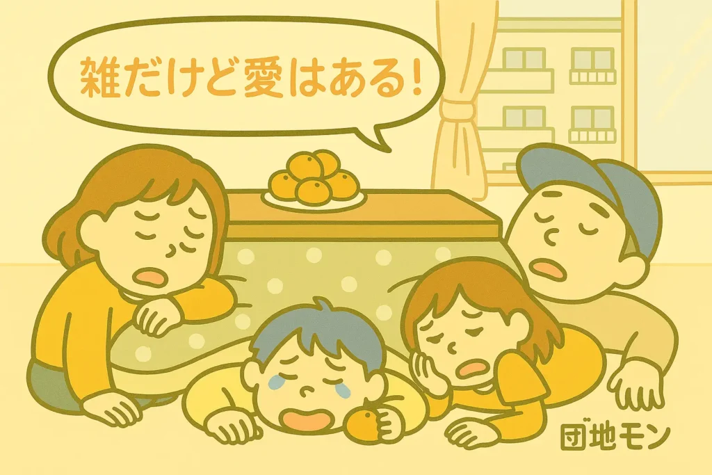 こたつで家族全員がぐでーっと倒れ、「雑だけど愛はある!」と吹き出しでまとめられた団地モン家族のイラスト。