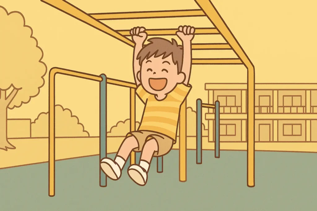 小学校のうんていで楽しそうに遊ぶ男の子のイラスト