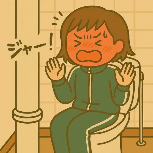 団地の古いトイレで、水道管の音に赤面する思春期ママ。深緑のジャージ姿で驚いた表情をしているイラスト