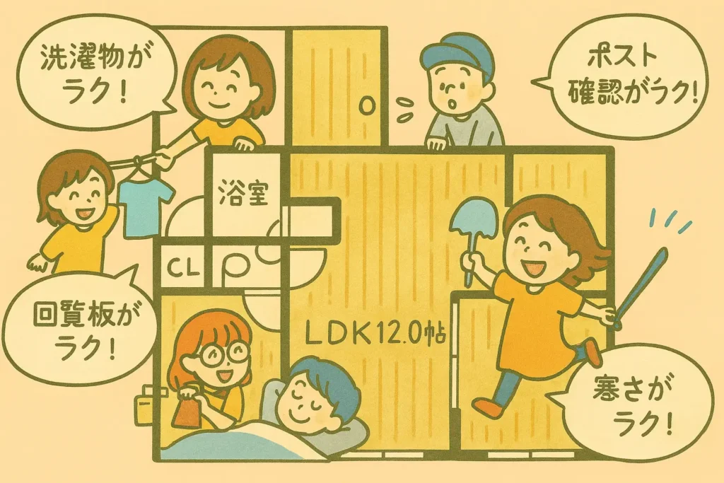 団地の間取りを背景に、家族が「洗濯物がラク!」「ポスト確認がラク!」「回覧板がラク!」「寒さがラク!」と笑顔で暮らす様子の手書き風イラスト