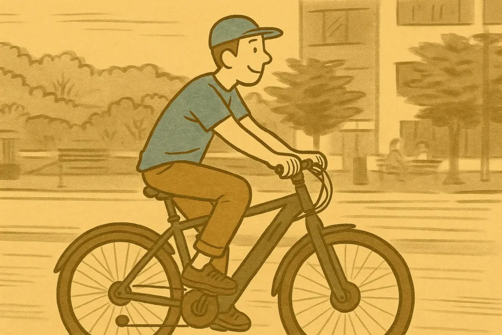 キャップをかぶった男性が街中を自転車で走っている手描き風イラスト。車通勤から自転車通勤に変わった様子を表現。