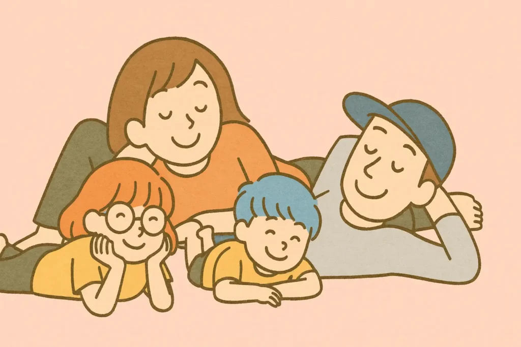 リビングで家族4人が並んでゴロゴロしながらリラックスしているイラスト