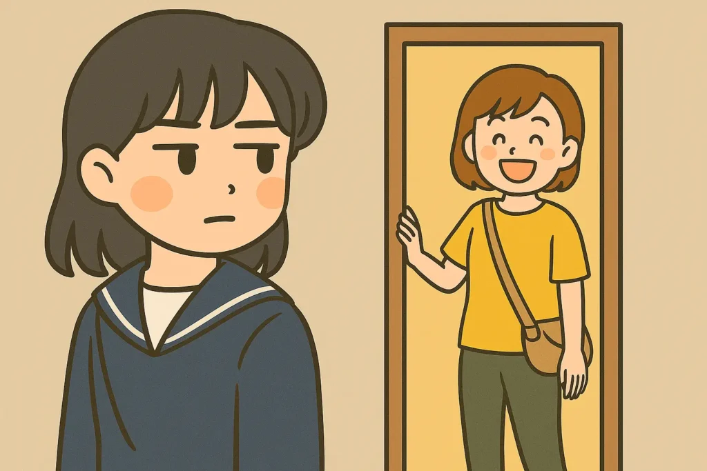 制服姿の思春期の娘が少し振り返り、笑顔の母親と目が合うイラスト。