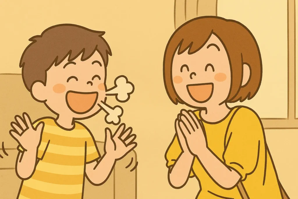 鼻息あらく話す男の子と、それを全力で楽しそうに聞くお母さんのイラスト