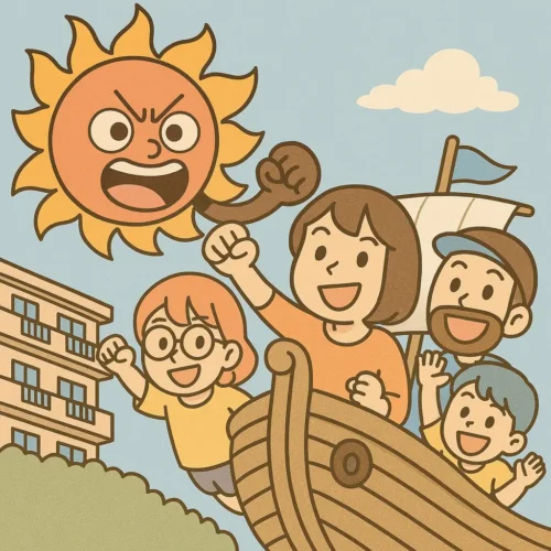 灼熱の太陽ボスに立ち向かうズボティブ一家。団地を背景に、船の上で拳を掲げて冒険の船出をしている。