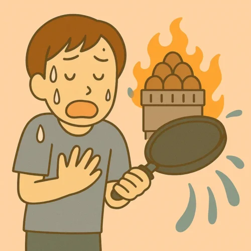 汗だくになりながら灼熱の台所でフライパンを握るパパ。背後には燃え盛るコンロとサウナのような熱気。