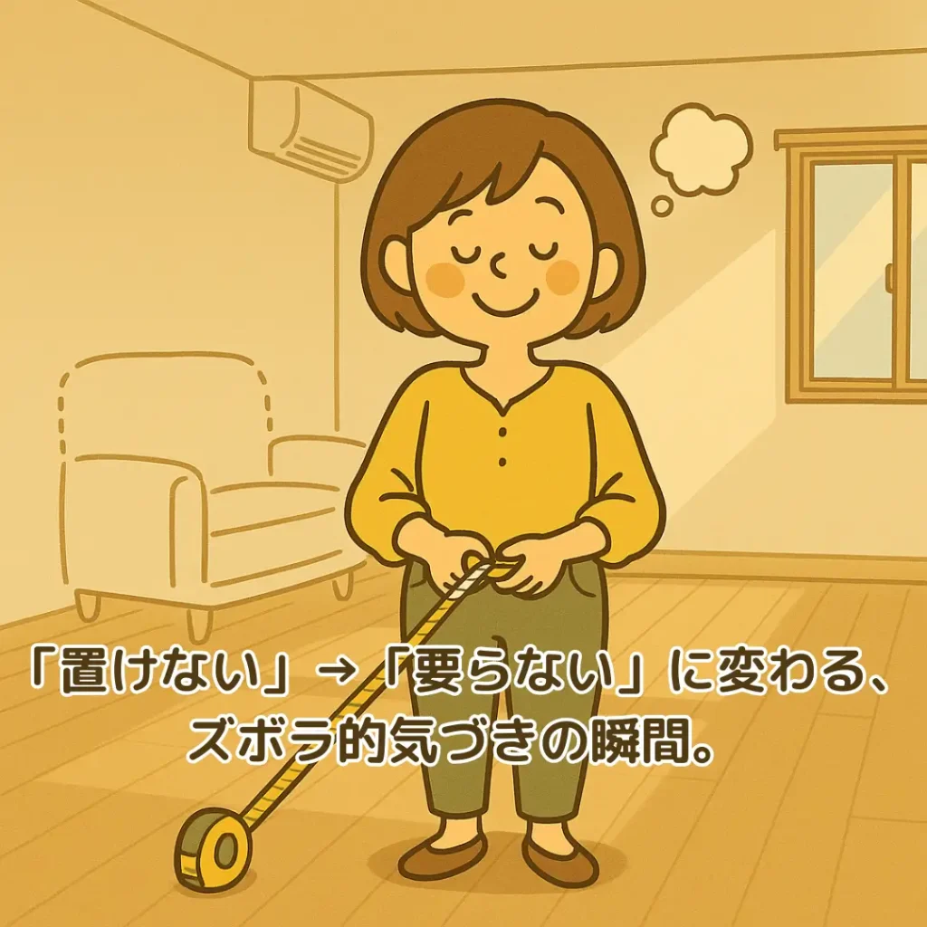 団地のリビングでメジャーを持ちながら微笑むズボティブ・ママ。 ソファの輪郭が点線で描かれ、「置けない」が「要らない」に変わる気づきの瞬間を表現したイラスト。