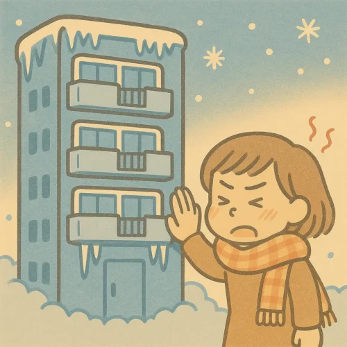 冬の団地が冷え切っている様子を前に、マフラーを巻いた女性が寒さに困っているイラスト。
