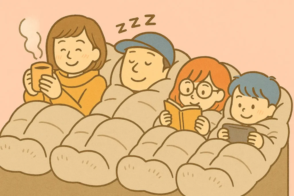 ミノムシ寝袋にくるまってくつろぐ家族4人が、ホットドリンク・読書・ゲームを楽しんでいる様子。パパは寝落ちしている。