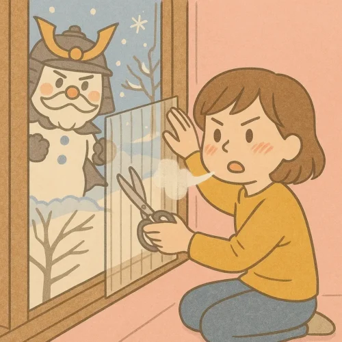 窓の内側でママがプラダンを切って貼ろうとしている横で、外から冬将軍がにらみつけているイラスト。冷気対策DIYの様子が描かれている。