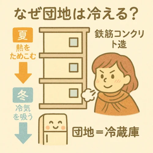団地が夏は熱をためこみ、冬は冷気を吸う構造を説明したイラスト。鉄筋コンクリートの建物と冷蔵庫の比喩、マフラーを巻いた女性が描かれている。