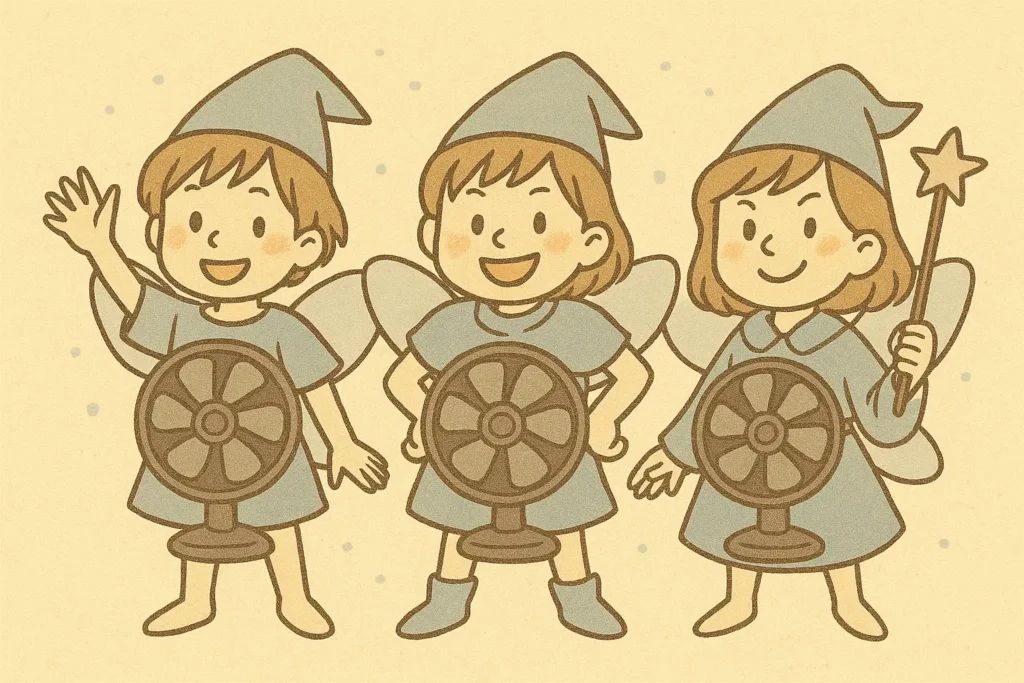 サーキュレーターを胸に付けた三人の妖精が微笑む、暖房効率アップをイメージしたイラスト。