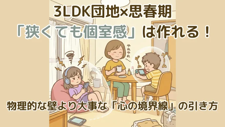 3LDK団地のリビングで、ヘッドホンをした娘とゲームをする息子がそれぞれの心理的なバリアの中にいるイラスト。中央で母親がコーヒーを飲んでいる。画像には「3LDK団地×思春期 『狭くても個室感』は作れる！」「物理的な壁より大事な『心の境界線』の引き方」というタイトル文字が配置されているブログ記事のアイキャッチ。