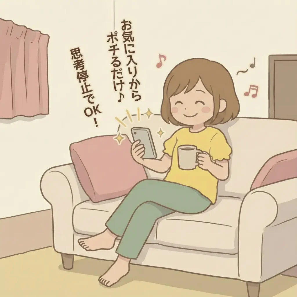 ソファでリラックスしながらスマホで買い物をする女性。「お気に入りからポチるだけ」「思考停止でOK」というテキストがあり、買い物の手間が省けて脳のリソースが節約できている様子。