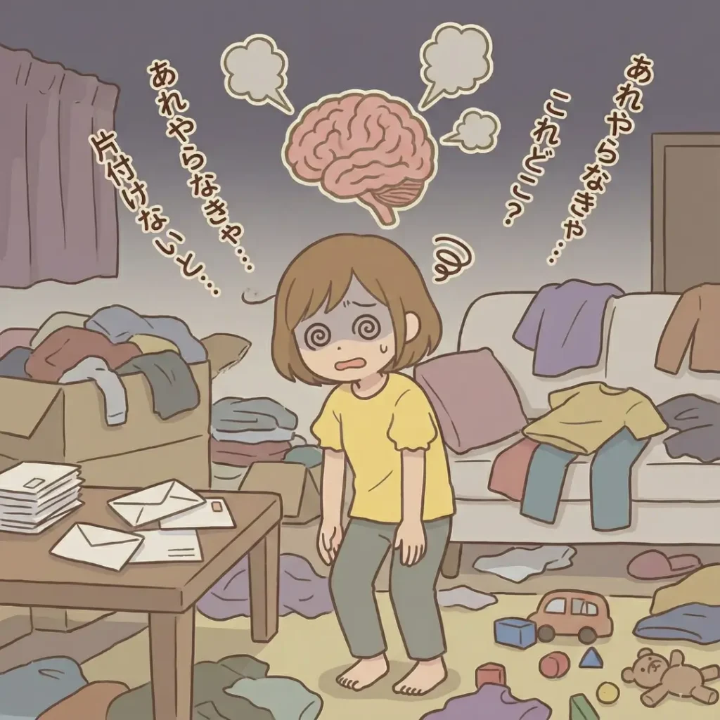 散らかった部屋で「視覚ノイズ」に圧倒され、脳のリソースが枯渇している女性のイラスト。片付けや探し物に追われて脳が疲れている様子。