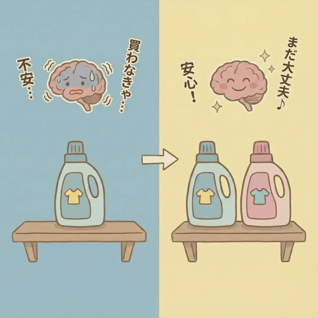 ストック1個の不安と2個の安心感を比較した脳のイラスト。洗剤の在庫管理と脳のリソース節約のイメージ図。