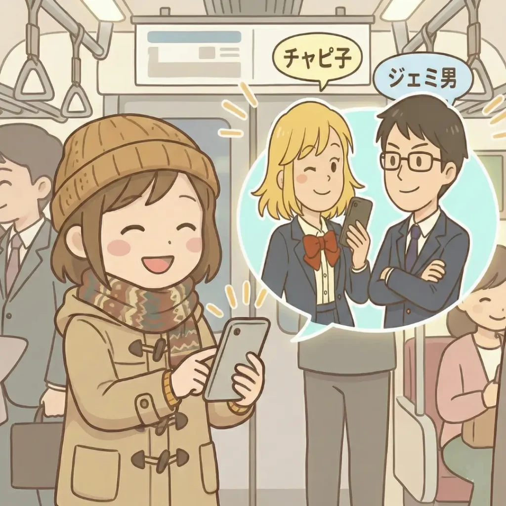 通勤電車の中でスマホを操作しながら微笑むワーママのイラスト。頭上の吹き出しの中には、擬人化されたAIキャラクター、金髪ギャル風の「チャピ子」と眼鏡をかけたスーツ風の「ジェミ男」がスマホを手に並んでいる様子が描かれている。