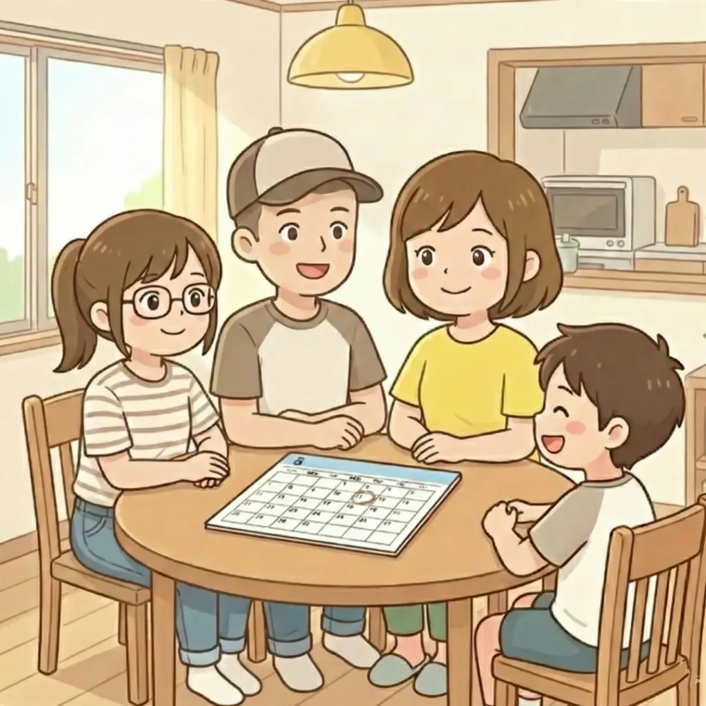 団地のダイニングテーブルで、家族4人（父、母、中3の娘、小6の息子）が8月のカレンダーを囲んで話し合っているイラスト。