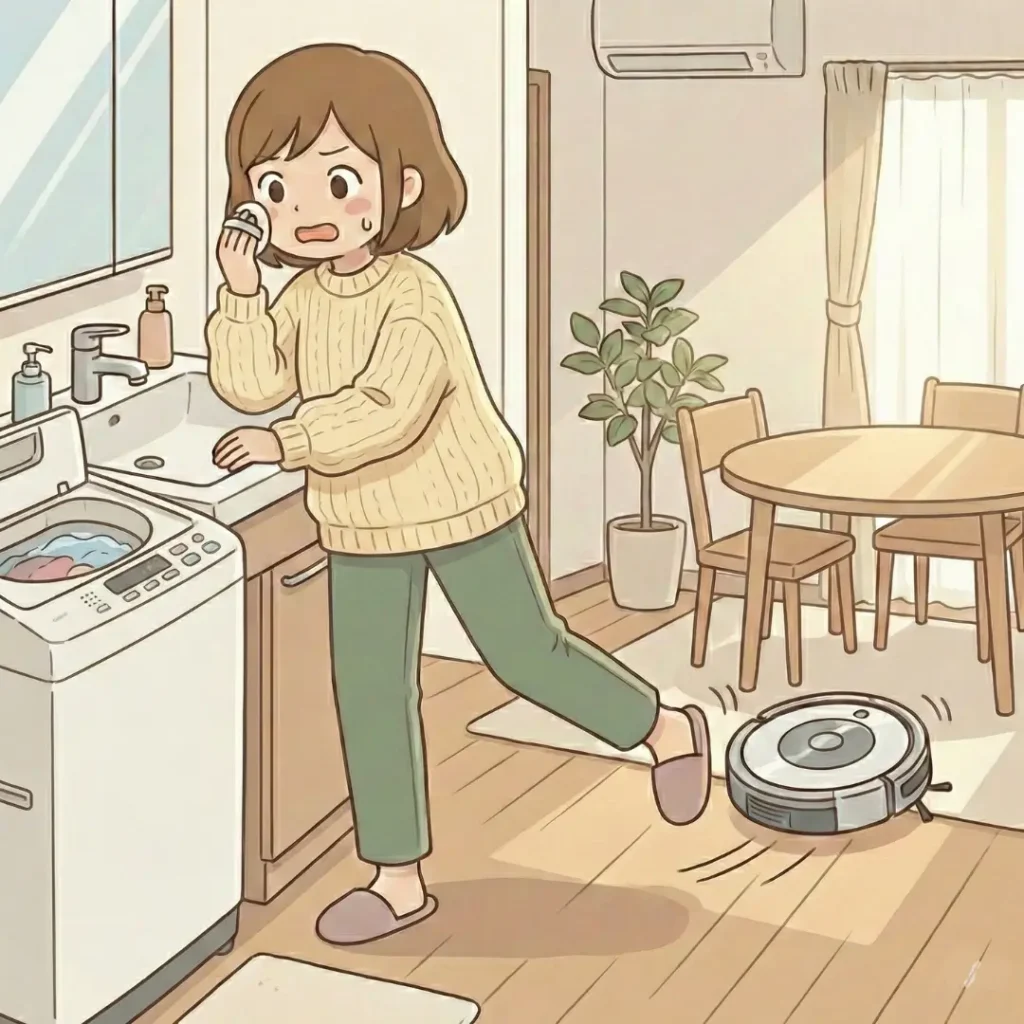 洗面台で必死にメイクをしながら、同時に洗濯機を回し、足元ではロボット掃除機を動かして家事をこなす、慌ただしい朝のワーママのイラスト