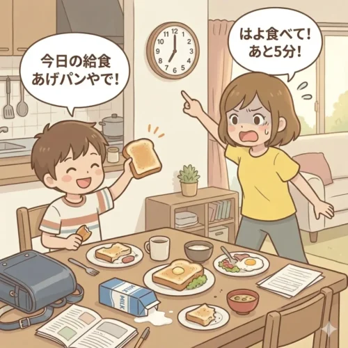 朝食の時間、時計が7時を指す中で「はよ食べて！」と怒る鬼の形相のママと、笑顔で「今日の給食あげパンやで！」と話す息子のイラスト 。