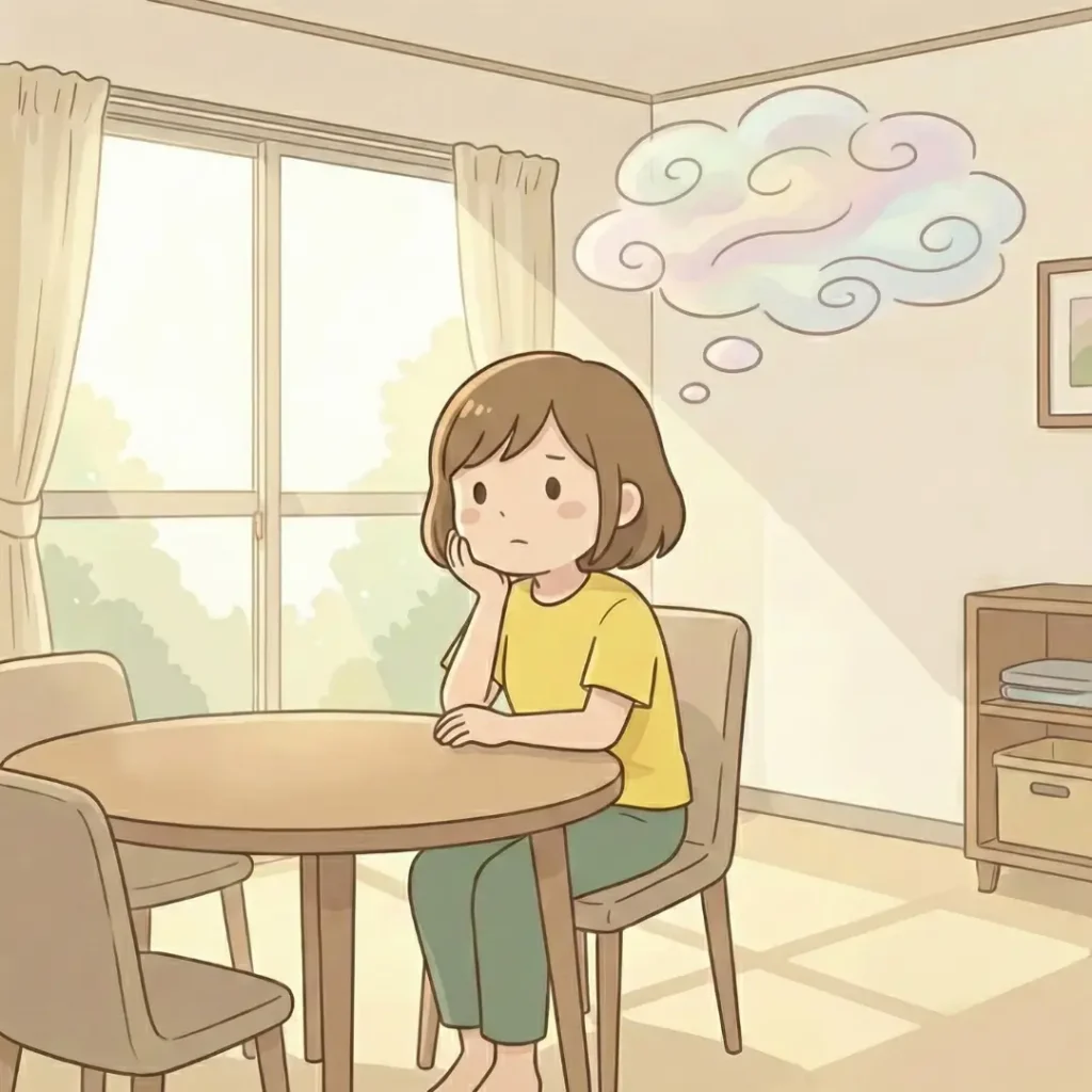 団地のテーブルで頬杖をつき、頭の上に不安な思考が渦巻いているズボママのイラスト。「もし悪性だったら…」と悩んでいる様子。
