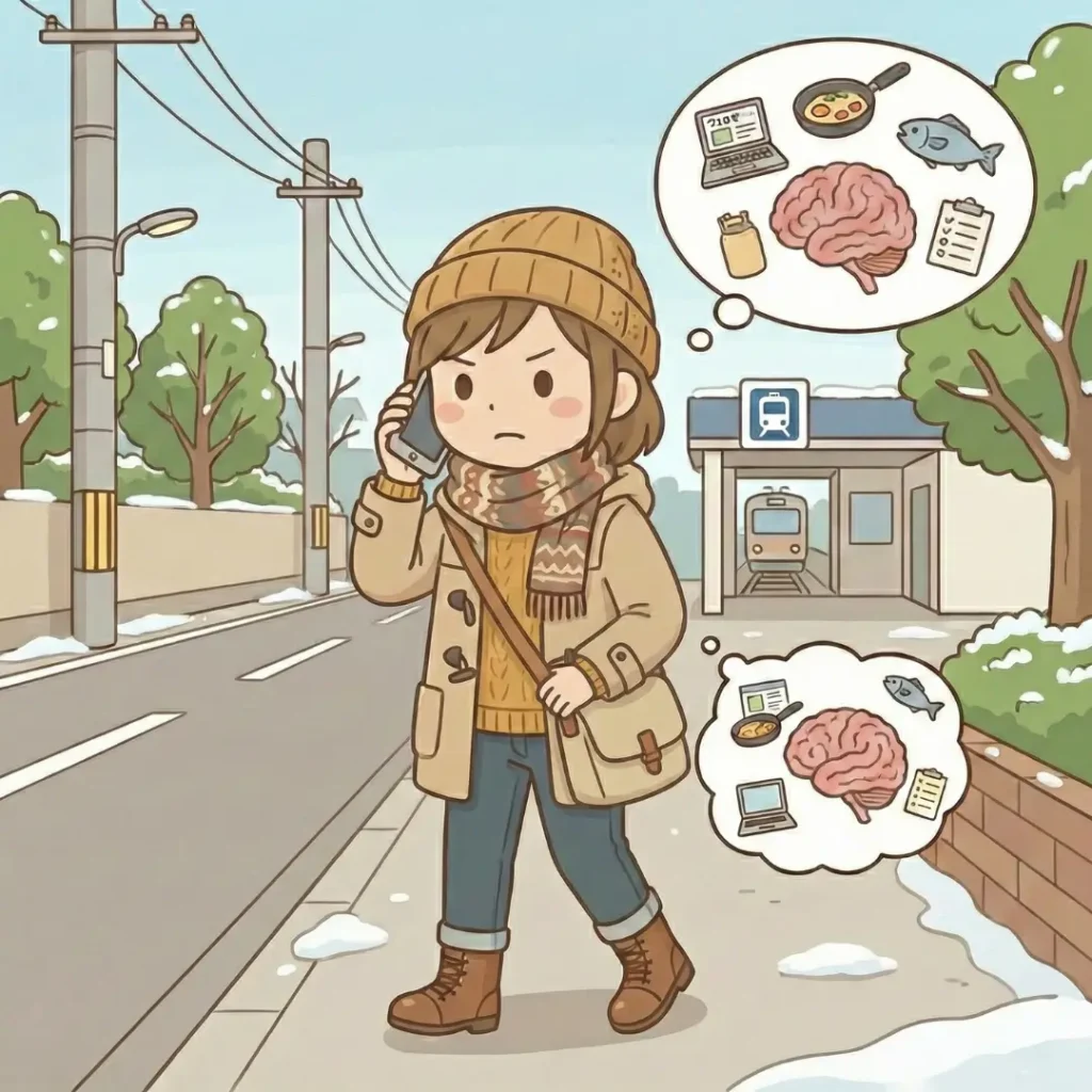 冬の道を駅に向かって歩きながら、スマホを耳に当てて「電話してるフリ」で音声入力(ブログ執筆)をするワーママのイラスト。頭上の吹き出しには、夕飯の献立や脳のイメージ、仕事のリスト、パソコンなどの「ネタの種」が描かれている。