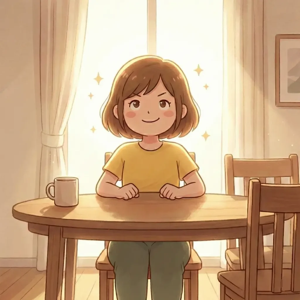 日差しが差し込む団地のリビングで、自信に満ちた穏やかな笑顔で前を見据える40代女性（ズボママ）のイラスト。周りに希望を表すキラキラした輝きがある。