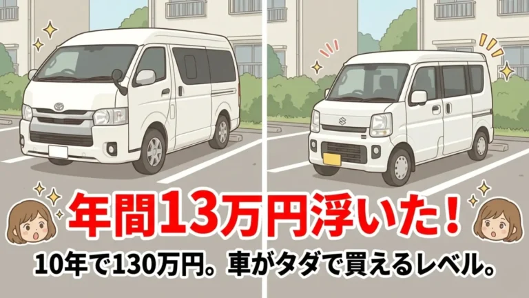 4人家族と白いスズキ・エブリイワゴン、背景にトヨタ・ハイエースが並ぶ比較イラスト。「年間13万円浮いた！10年で130万円。車がタダで買えるレベル。」という維持費節約を強調するテキスト入りのアイキャッチ画像。