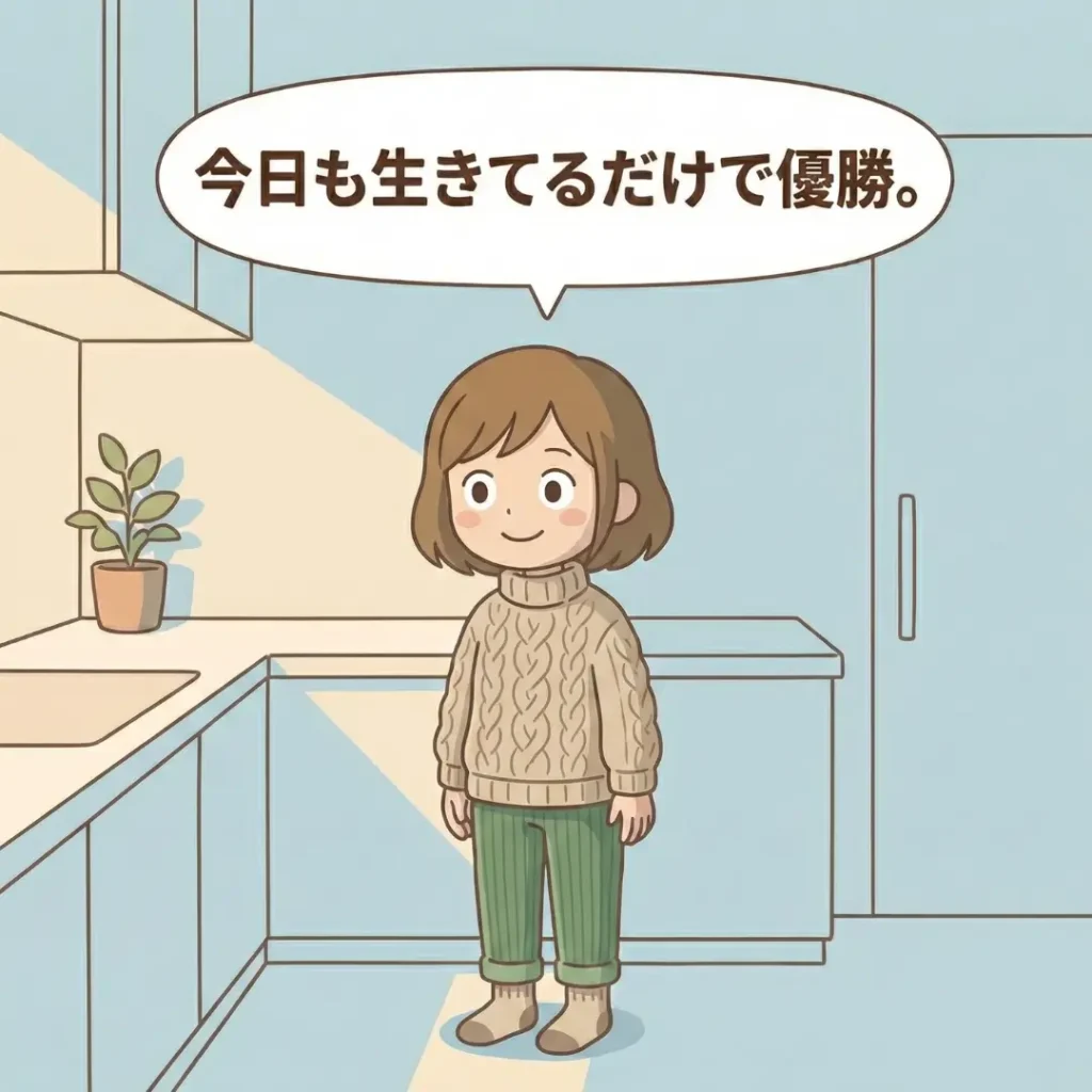 「今日も生き延びたら合格」という文字とともに、自分を「戦士」として褒めるお母さんのイラスト。反抗期の子育ては親の評価テストではないというメッセージを表現。