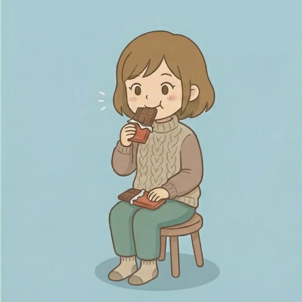 チョコレートを手に、イライラを鎮めて深呼吸する白目ママのイラスト。反抗期対策にはチョコで血糖値を上げることが有効だと表現。