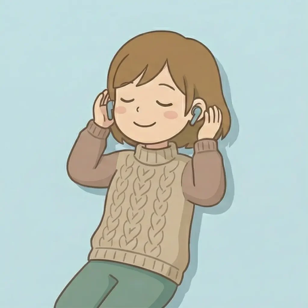 反抗期の子どもの不機嫌な空気やため息を遮断するため、ノイズキャンセリングイヤホンを装着して自分の世界を守るお母さんのイラスト。