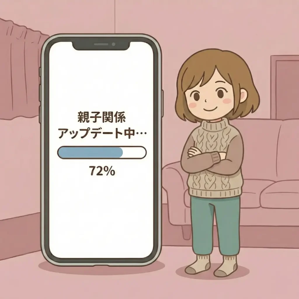 思春期の親子関係をOSアップデートに例えたイラスト。「親が子を支配する旧バージョン」から「子の自立を見守る新OS」への更新と、バグが発生している様子を表現。