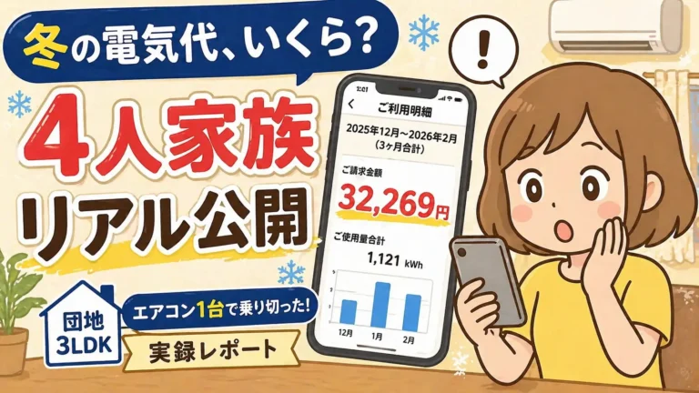 団地3LDK・4人家族の冬の電気代リアル公開｜2025年12月〜2026年2月の3ヶ月合計32,269円・使用量1,121kWhをスマホ画面で確認している女性のイラスト