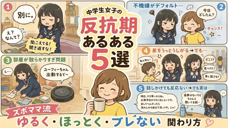 中学生女子の反抗期あるある5選のイラスト。「別に」と返す娘、突然チャンスが来る機嫌よし場面、ユーフィーちゃん出動で部屋を片付ける場面、弟を心配する場面、返事なしでも実は聞いてる場面の5コマ漫画風