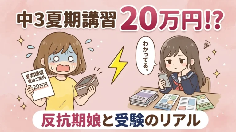 中3夏期講習費用20万円に驚く母親と、スマホを見ながら「わかってる」と答える反抗期の娘のイラスト