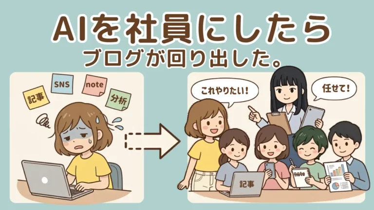 記事・SNS・note・分析のタスクを一人で抱えてパンクしていたワーママが、AIに4人の担当をつけて笑顔で回せるようになった様子を表したイラスト