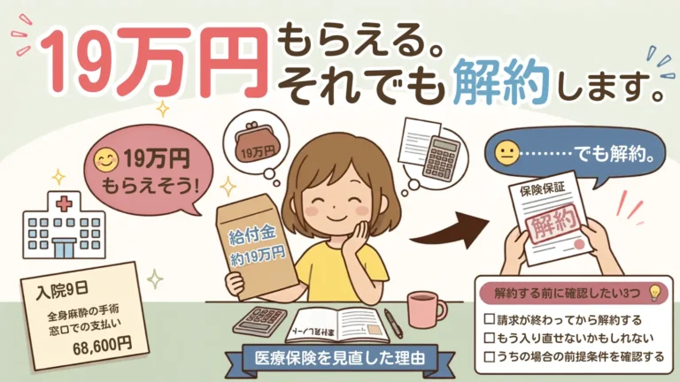 19万円の給付金を手に、それでも医療保険を解約するか悩むワーママ。入院9日・全身麻酔の手術で窓口支払いは68,600円、解約する前に確認したい3つのポイント付き